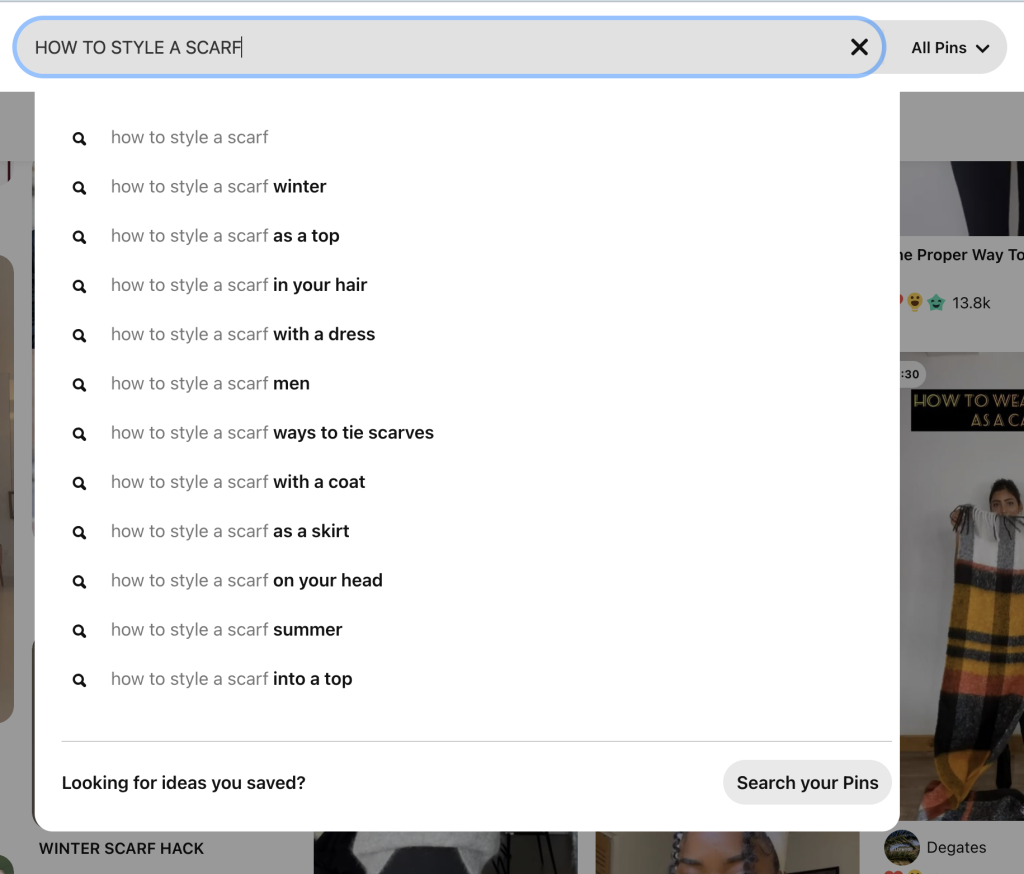 Pinterest search bar auto-suggest feature.