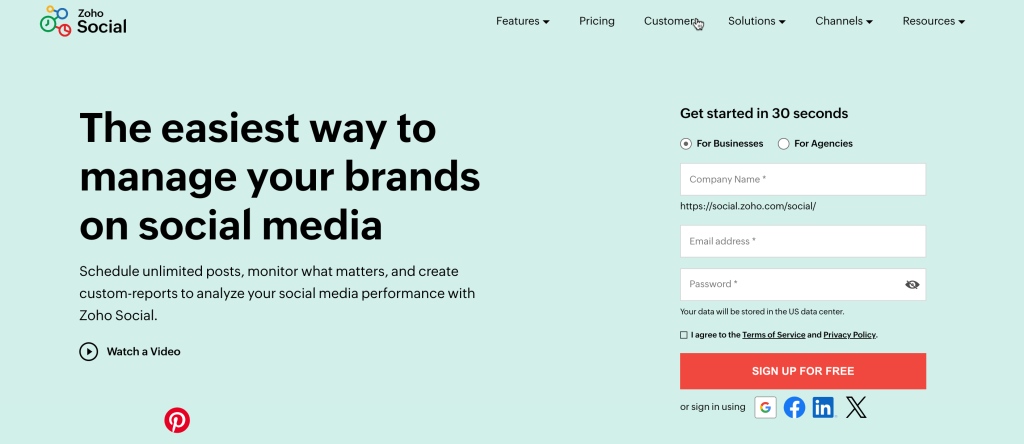 Zoho Social home page