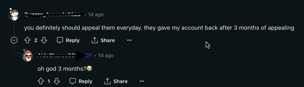 Pinterest suspension comment on Reddit 
