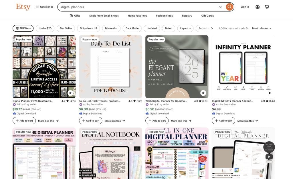 Example of digital products on Etsy