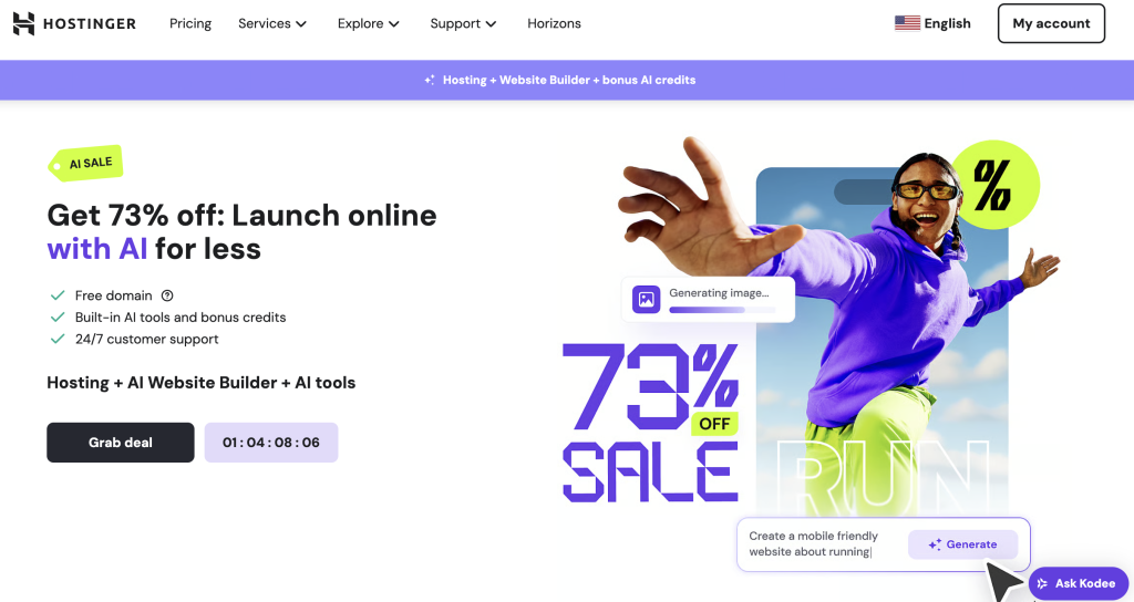 Screenshot of Hostinger homepage, our preferred web host for domain registration, hosting, privacy, and AI web design