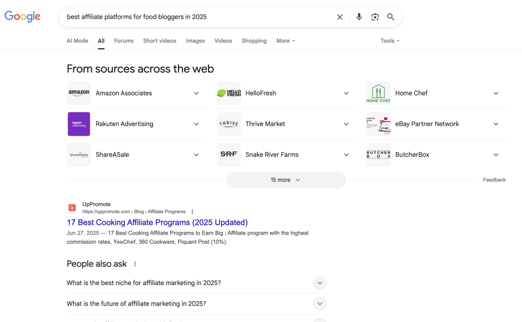 An example of how to find affiliate programs for a niche, this is a search for food blogger programs