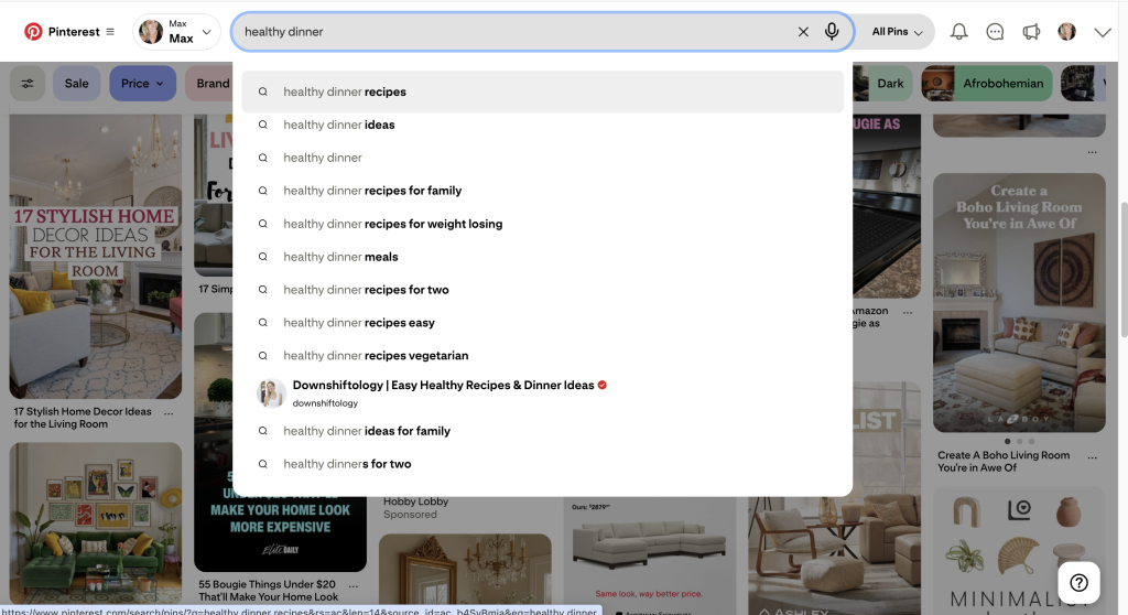 Example of Pinterest search bar autofill for keywords