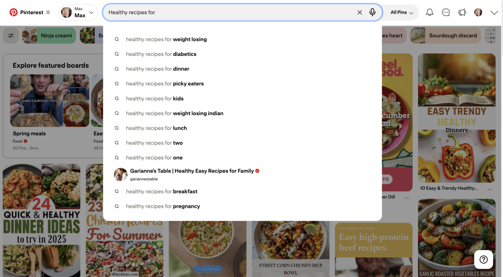 Pinterest search bar autofill suggestions