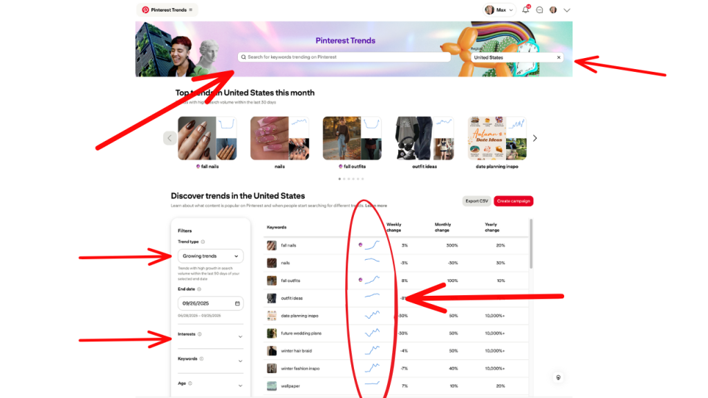 screenshot of pinterest trends dashboard