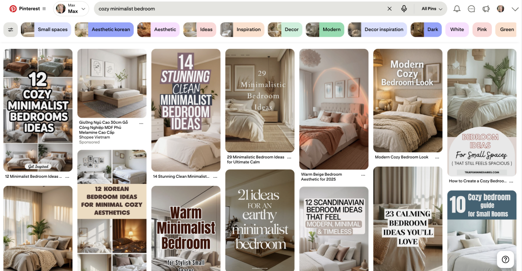 Example of Pinterest search results for cozy minimalistic bedroom