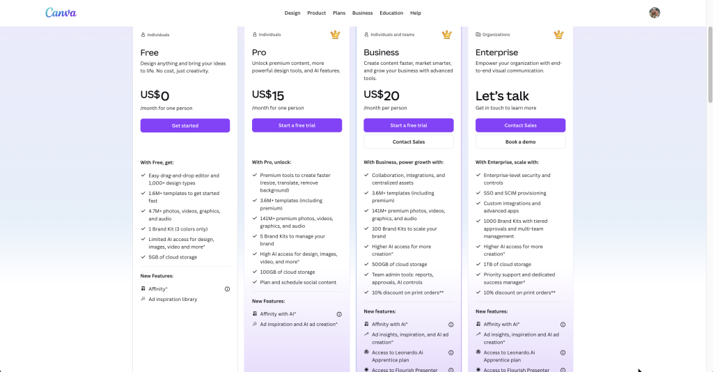 Canva pricing and plans