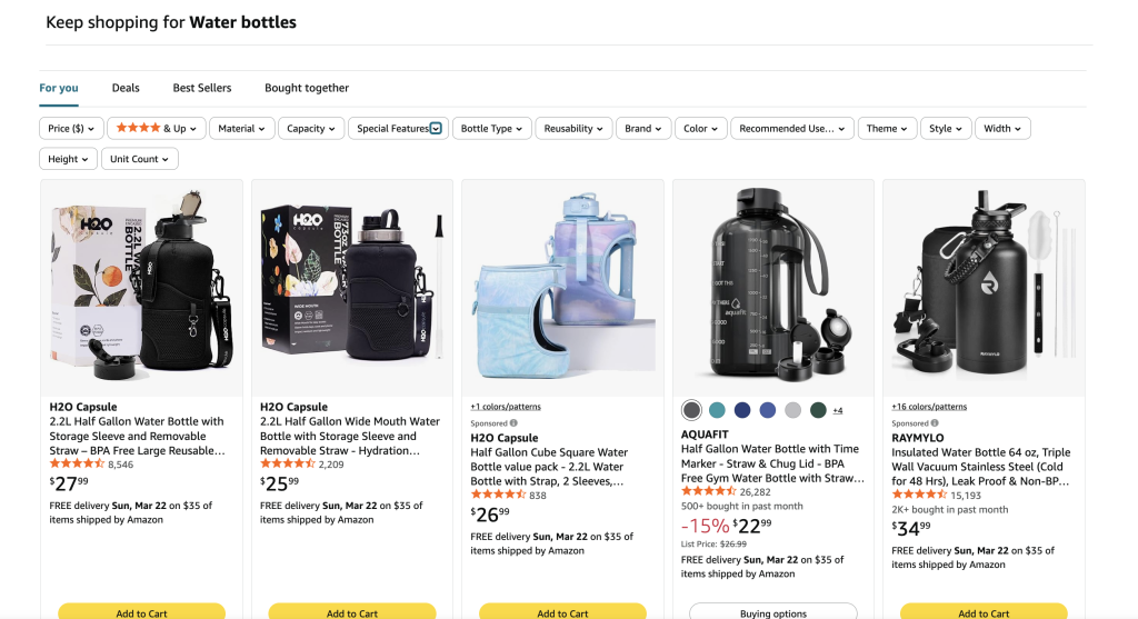 example of search results for amazon water bottle