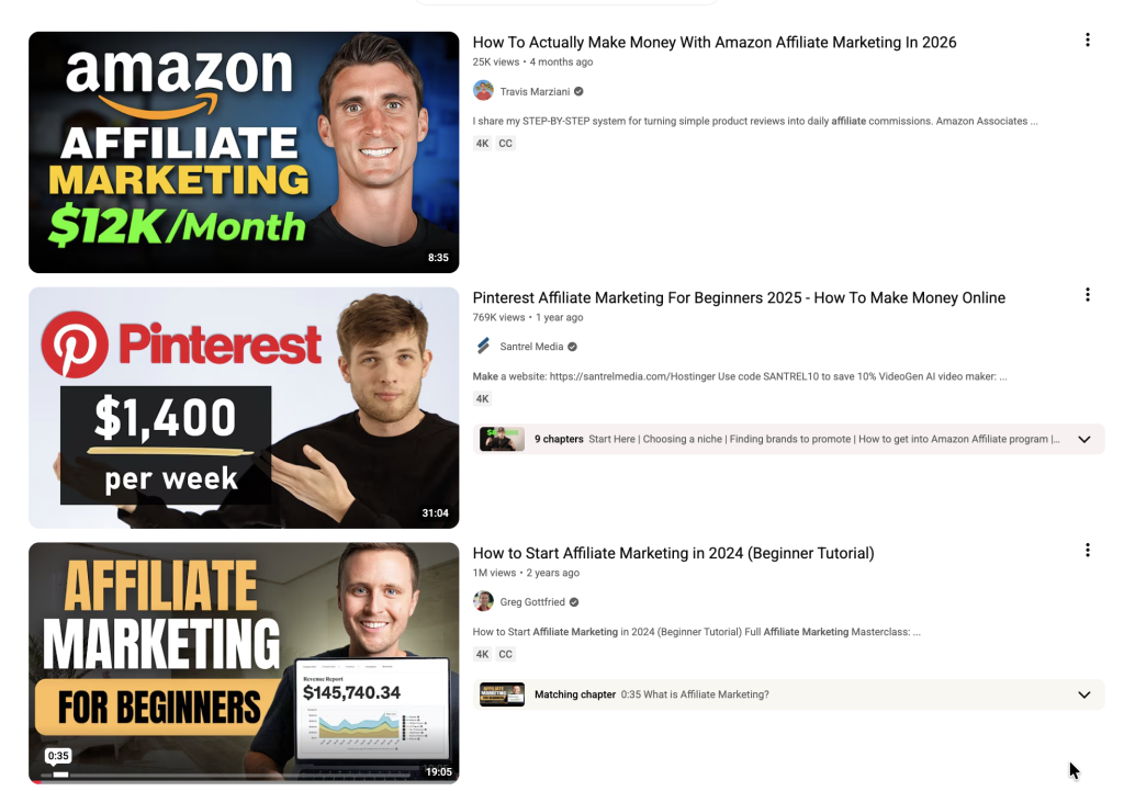 Affiliate marketing money claims, examples from youtube