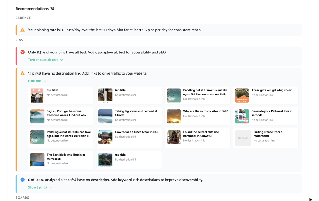 Example of Recommendations Section on Pinterest Audit