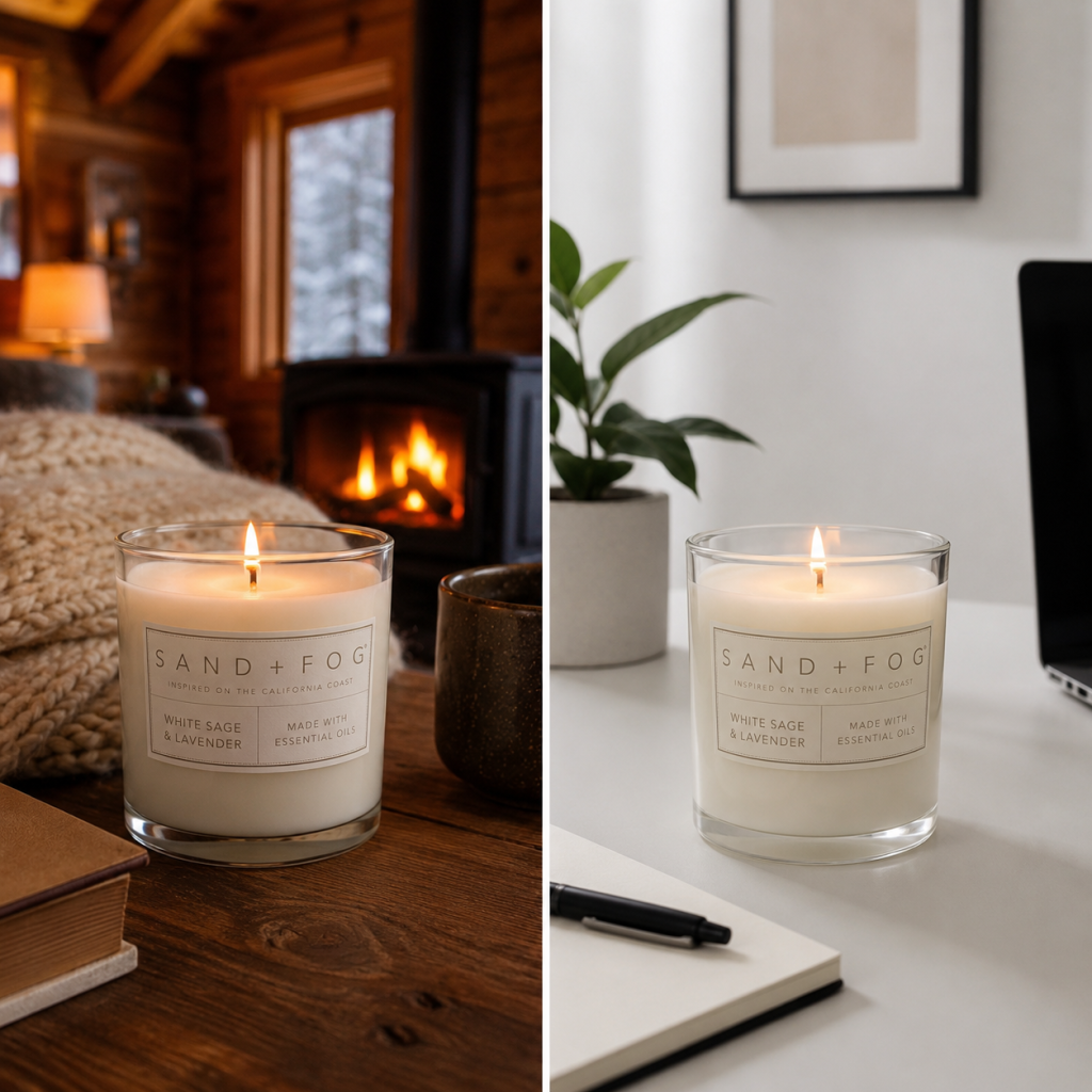 Example of good AI images - a side by side photoshoot for a candle company using AI backgrounds