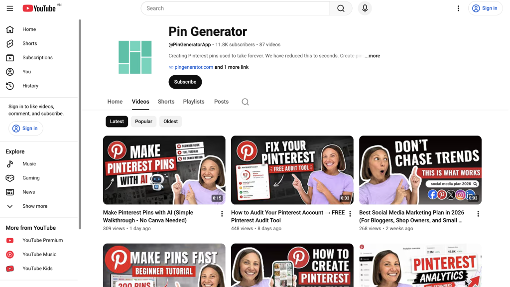 Example of a YouTube channel - 
Pin Generator YouTube