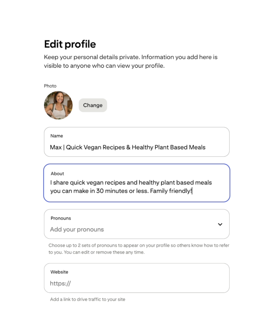 screenshot of pinterest business account set up in the settings