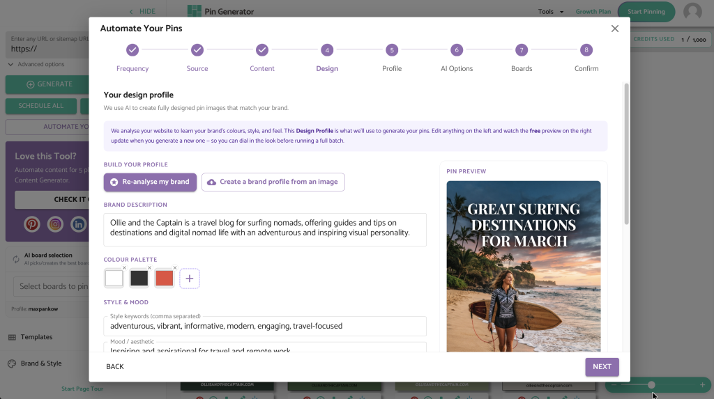 Screenshot of Pin Generator Brand Identity Tool