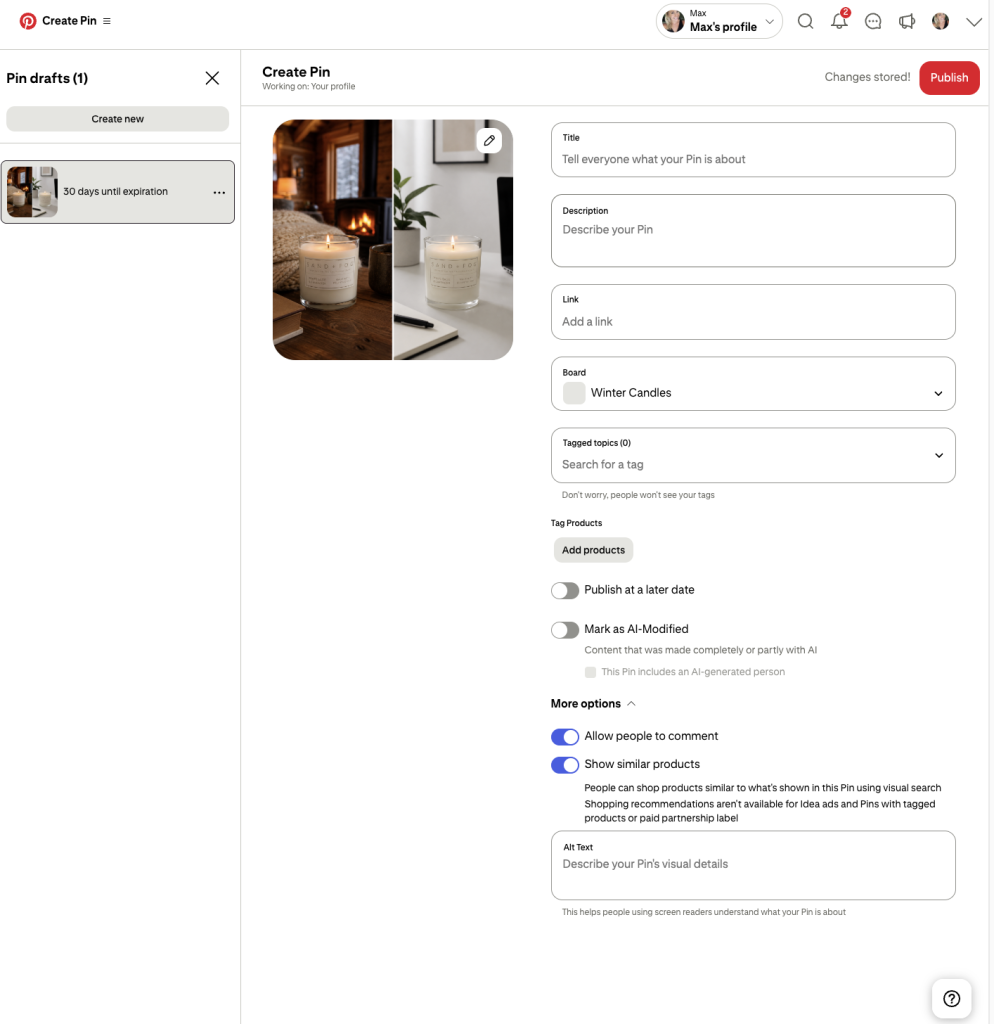 Screenshot of the native pinterest pin uploader